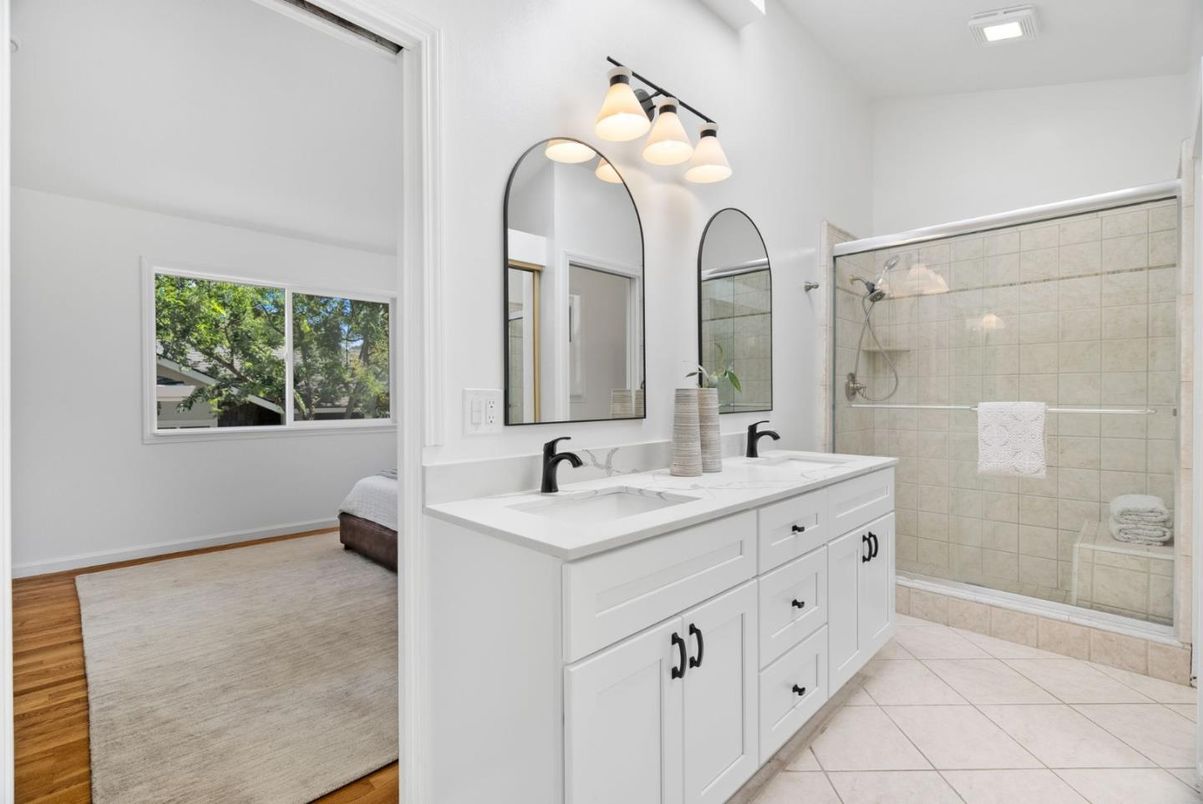 Bathroom, Dual Sink Vanities, Glass Shower, Interior, Wood Texture Flooring