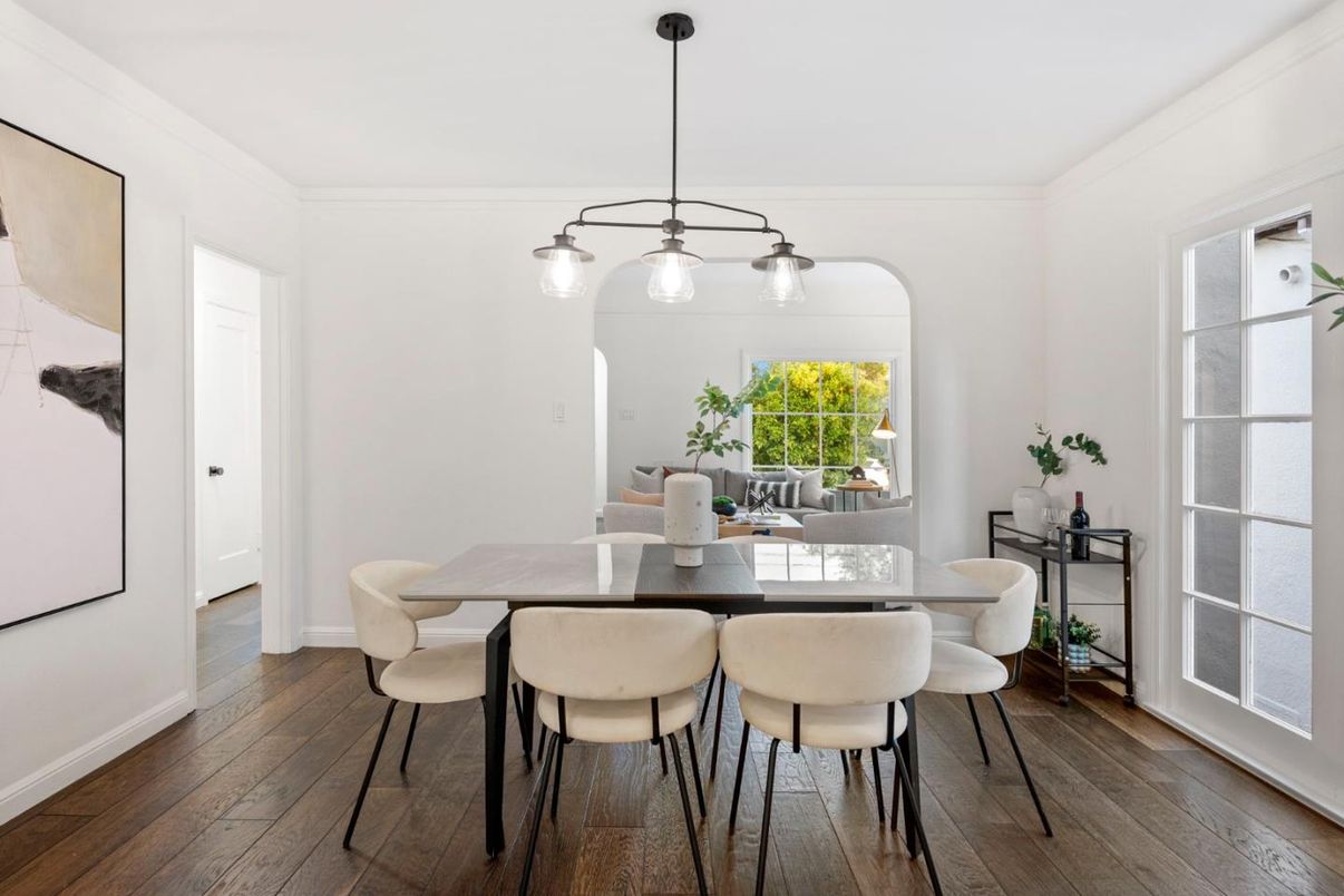 Dining room, Interior, Pendant Lights, Wood Texture Flooring