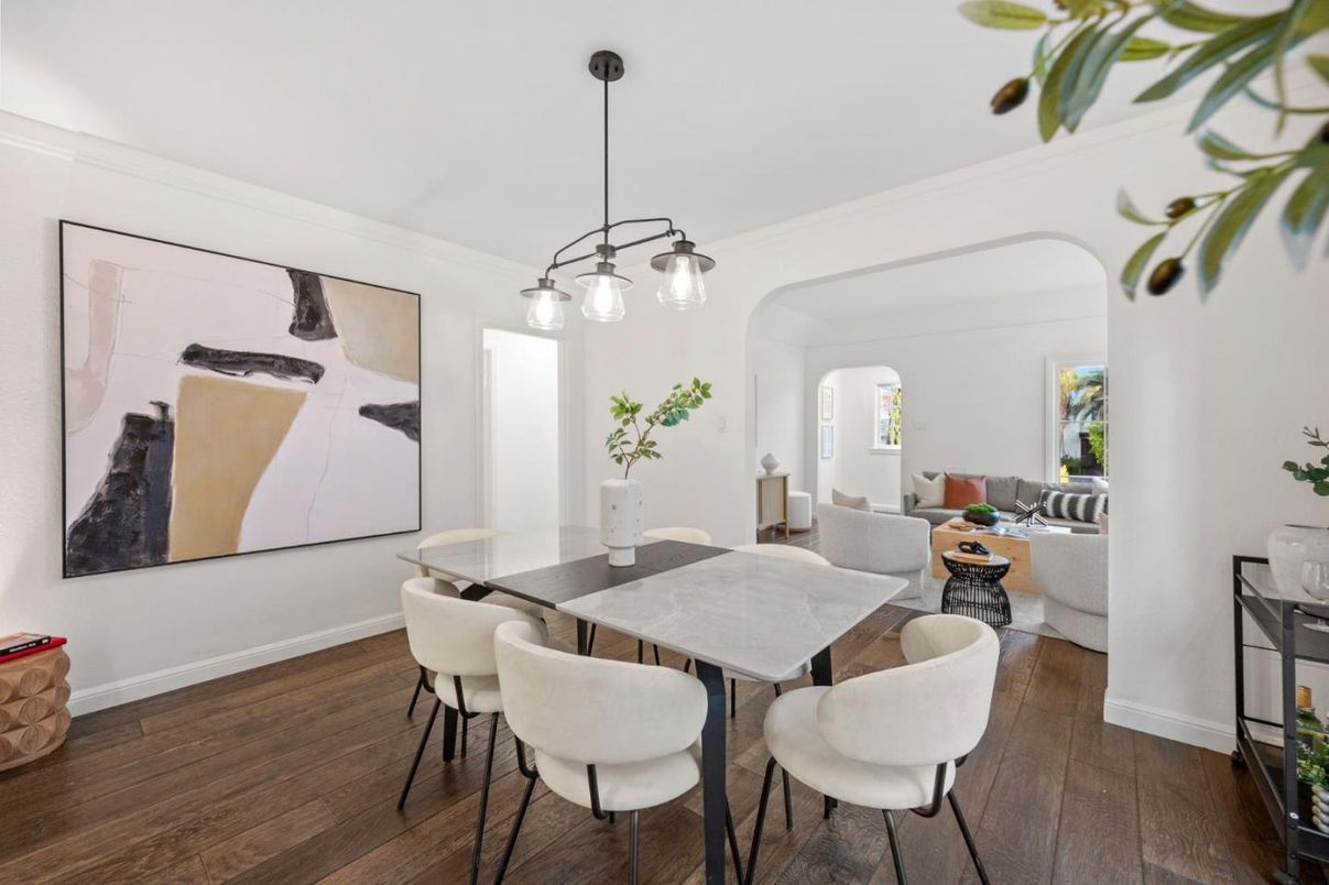 Dining room, Interior, Living room, Pendant Lights, Wood Texture Flooring