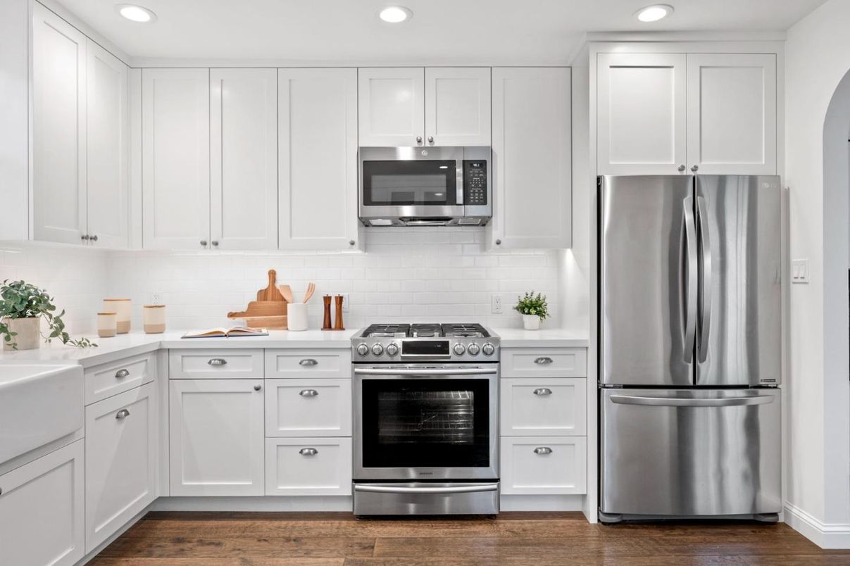 Interior, Kitchen, Recessed Lighting, Stainless Steel Appliances, Wood Texture Flooring