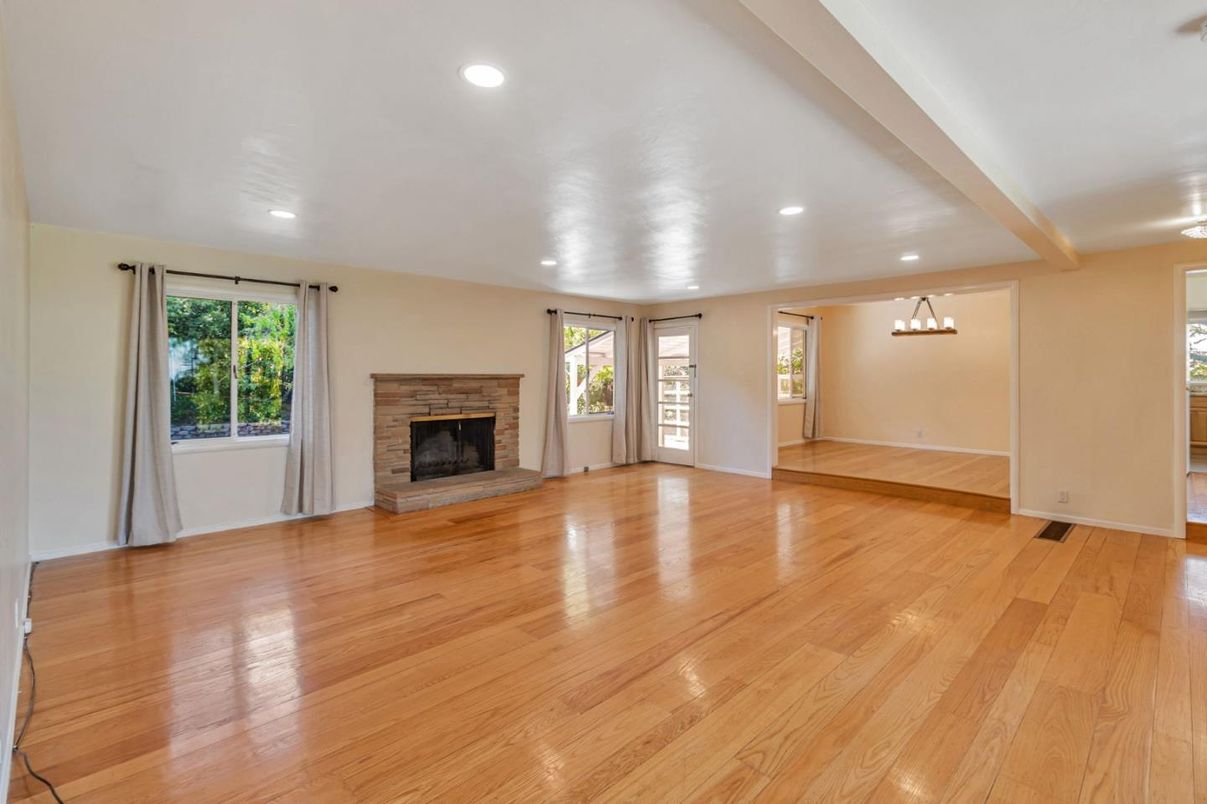Empty room, Fireplace, Interior, Pendant Lights, Recessed Lighting, Wood Texture Flooring