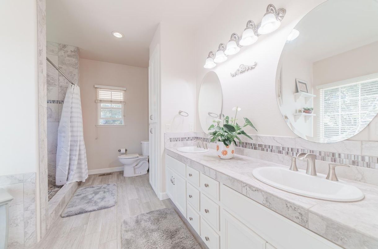 Bathroom, Dual Sink Vanities, Interior, Recessed Lighting, Wood Texture Flooring