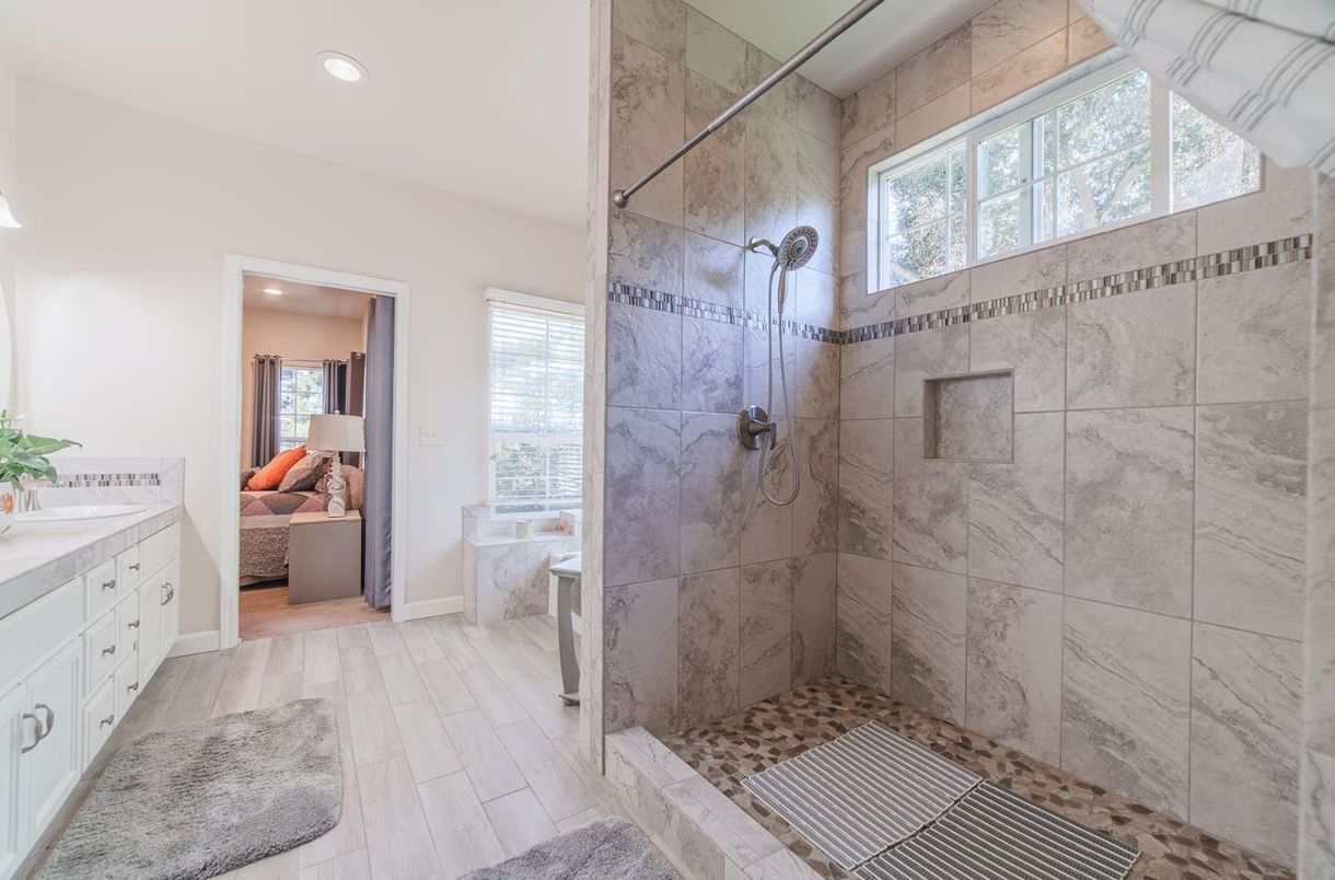 Bathroom, Bedroom, Glass Shower, Interior, Marble Walls, Recessed Lighting, Wood Texture Flooring