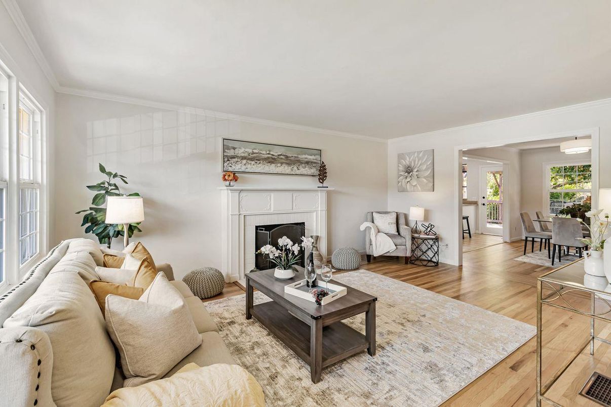 Dining room, Fireplace, Interior, Living room, Wood Texture Flooring