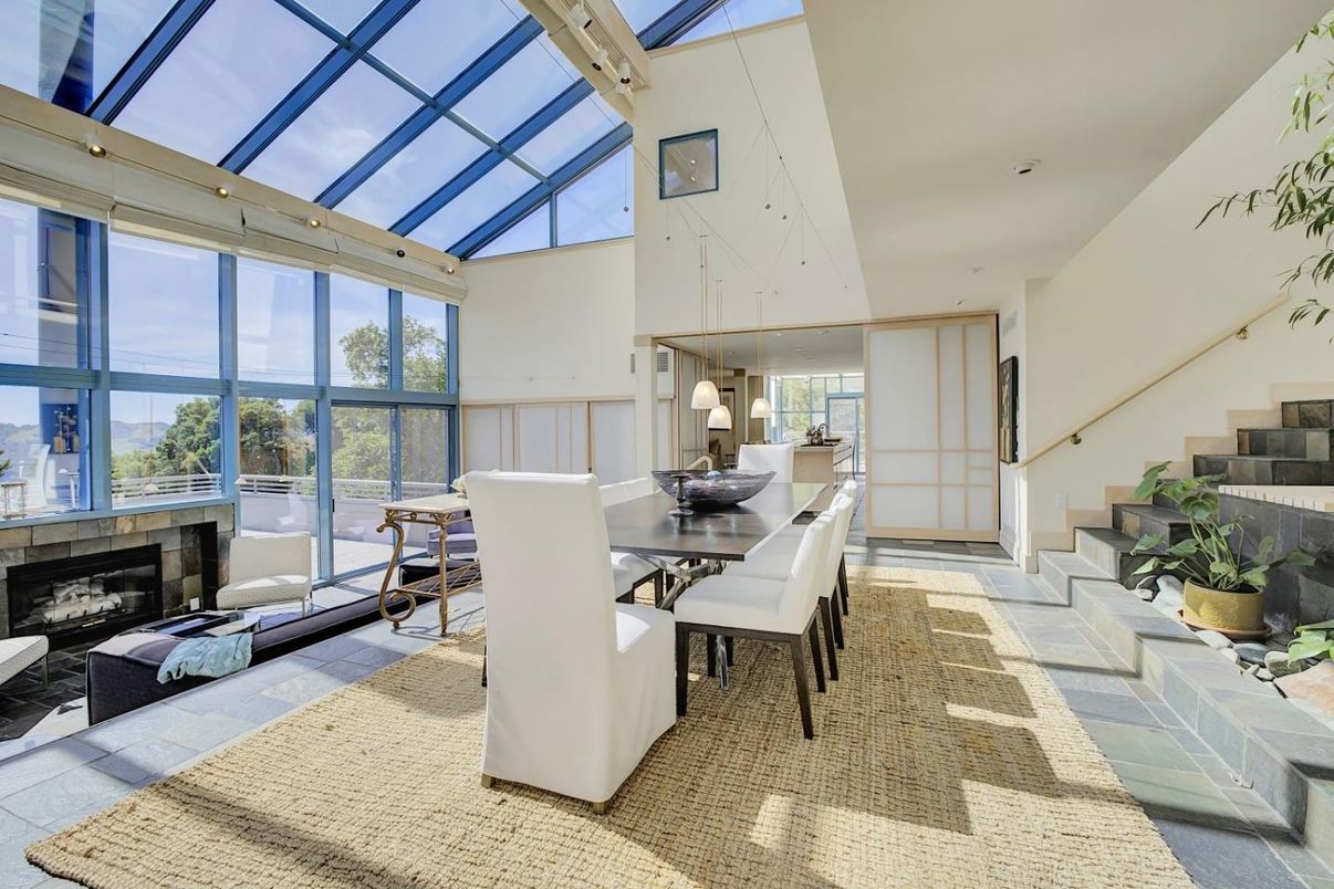 Dining room, Fireplace, Glass Ceilings, Interior, Pendant Lights, Sun Room