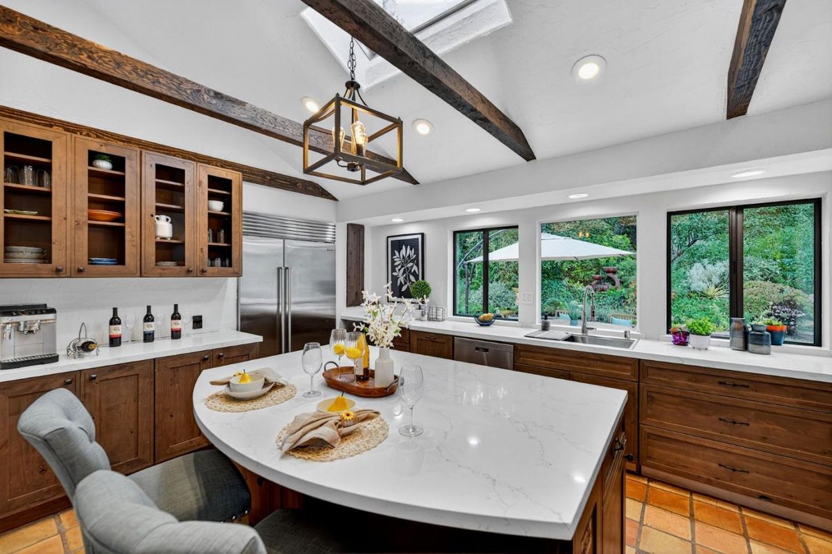 Interior, Kitchen, Pendant Lights, Recessed Lighting, Stainless Steel Appliances, Wooden Beams