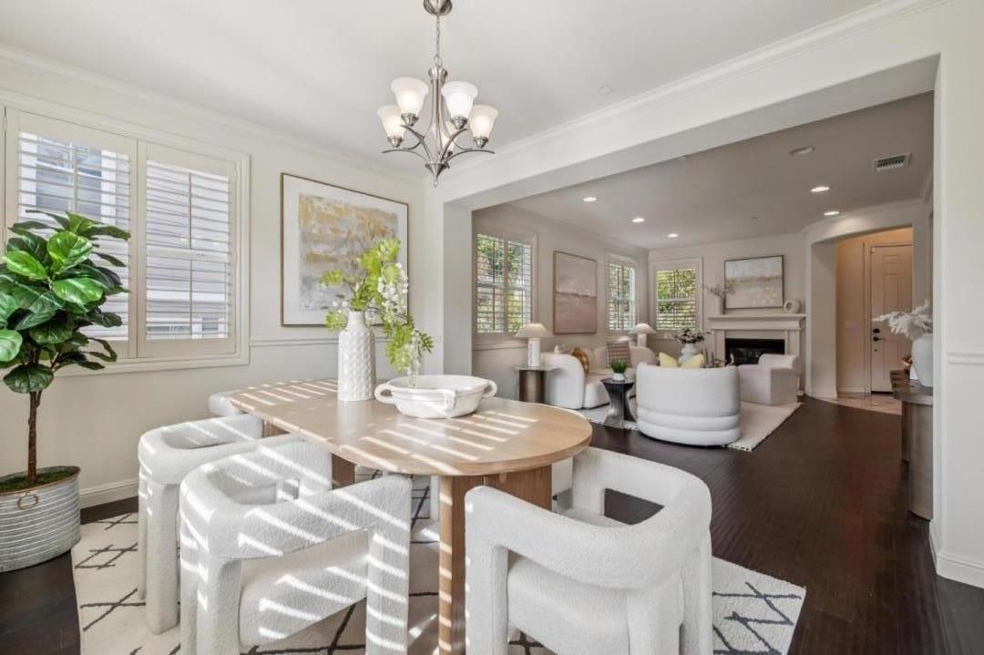 Chandelier, Dining room, Fireplace, Interior, Living room, Recessed Lighting, Wood Texture Flooring
