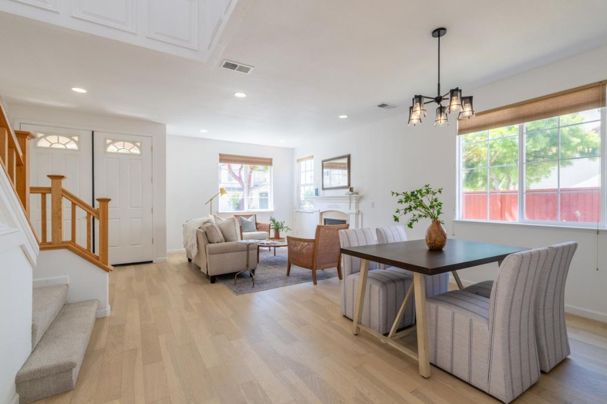 Dining room, Fireplace, Interior, Living room, Pendant Lights, Recessed Lighting, Wood Texture Flooring