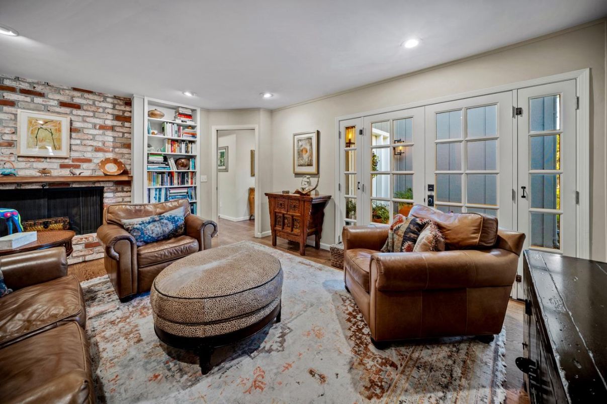 Fireplace, Interior, Living room, Recessed Lighting, Stone Walls