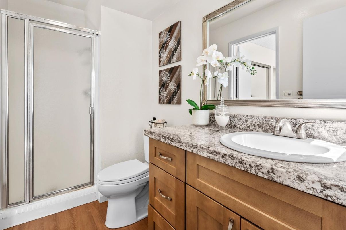 Bathroom, Glass Shower, Interior, Wood Texture Flooring