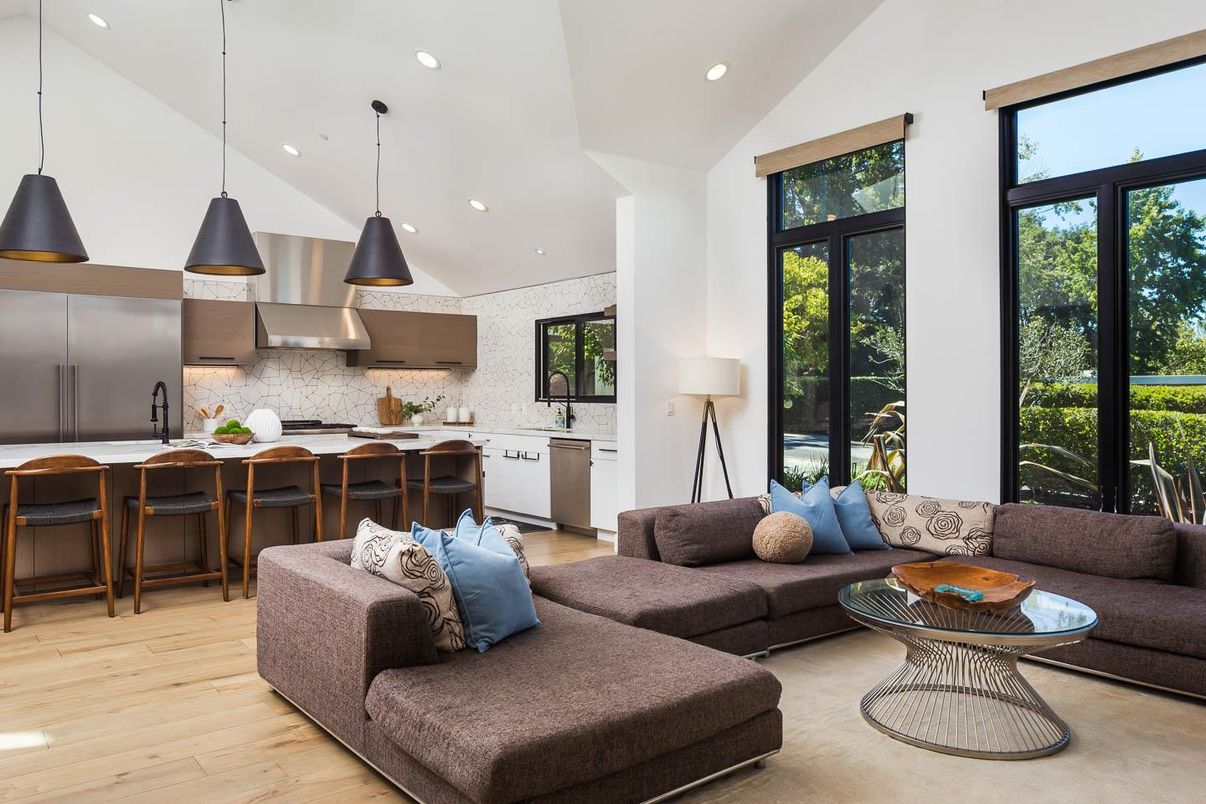 Interior, Kitchen, Living room, Pendant Lights, Recessed Lighting, Stainless Steel Appliances, Wood Texture Flooring