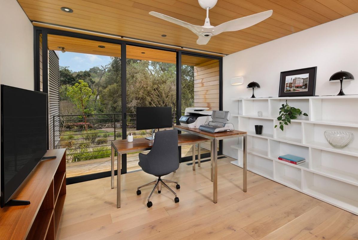 Home Office, Interior, Recessed Lighting, Wooden Ceilings, Wood Texture Flooring