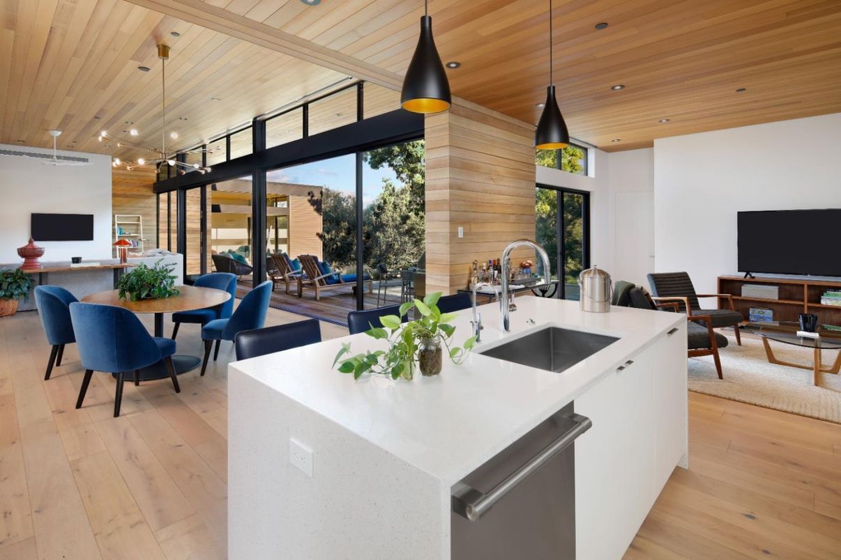 Dining room, Interior, Kitchen, Pendant Lights, Recessed Lighting, Wooden Ceilings, Wood Texture Flooring