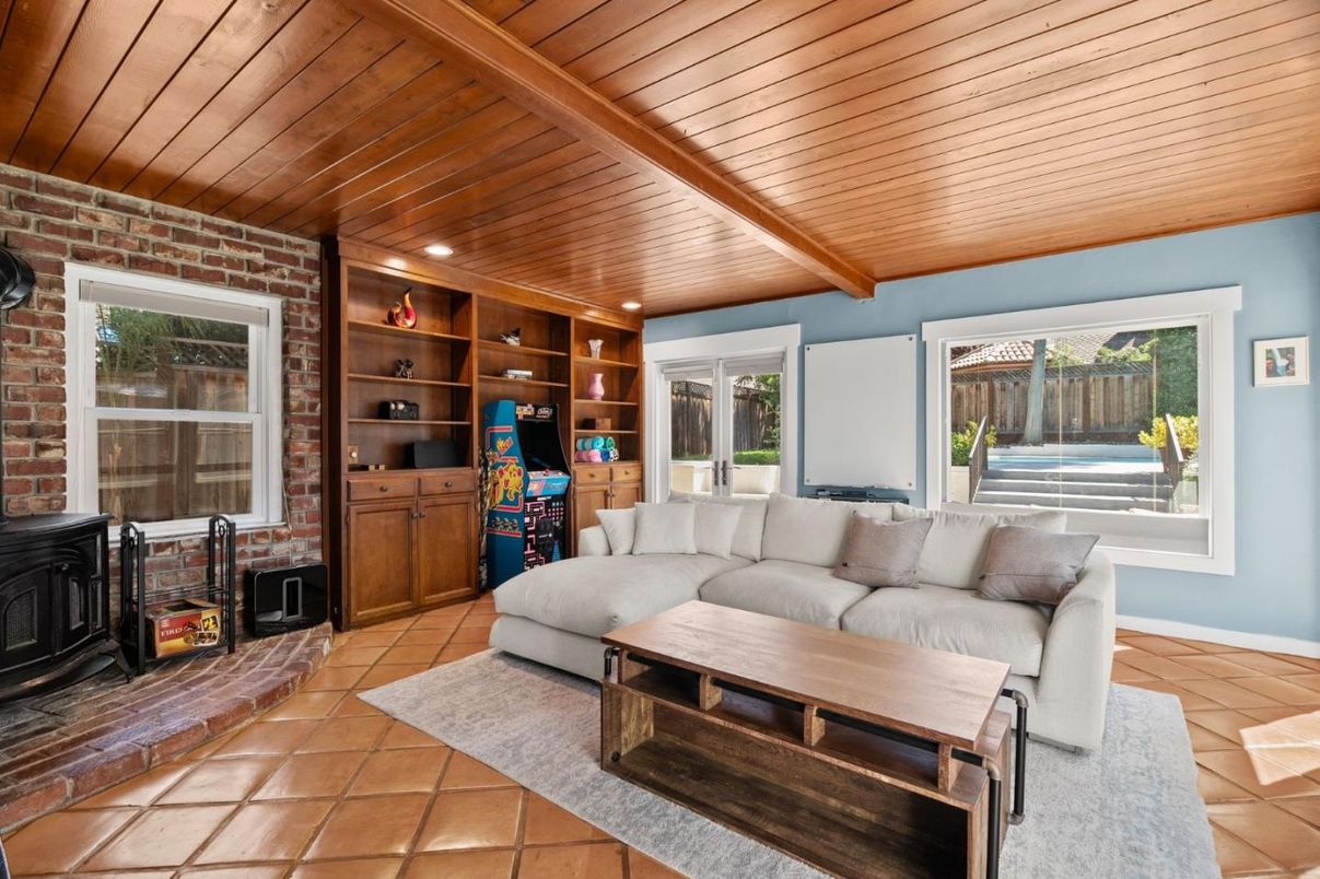 Fireplace, Interior, Living room, Recessed Lighting, Stone Walls, Wooden Beams, Wooden Ceilings