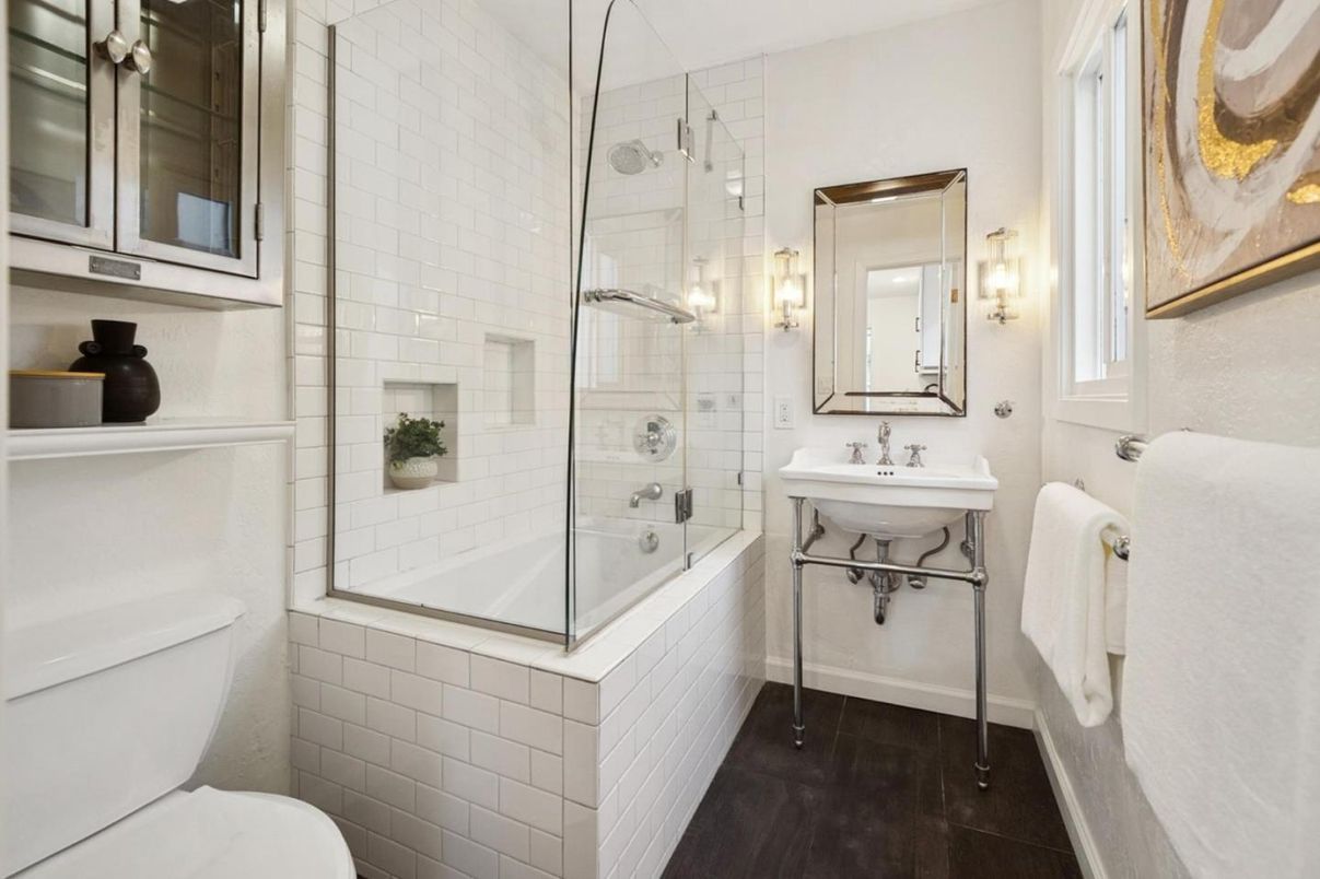 Bathroom, Glass Shower, Interior, Wood Texture Flooring