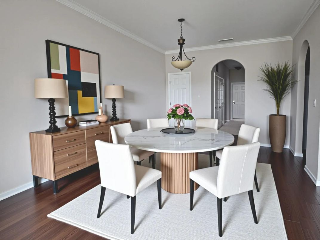 Dining room, Interior, Pendant Lights, Wood Texture Flooring