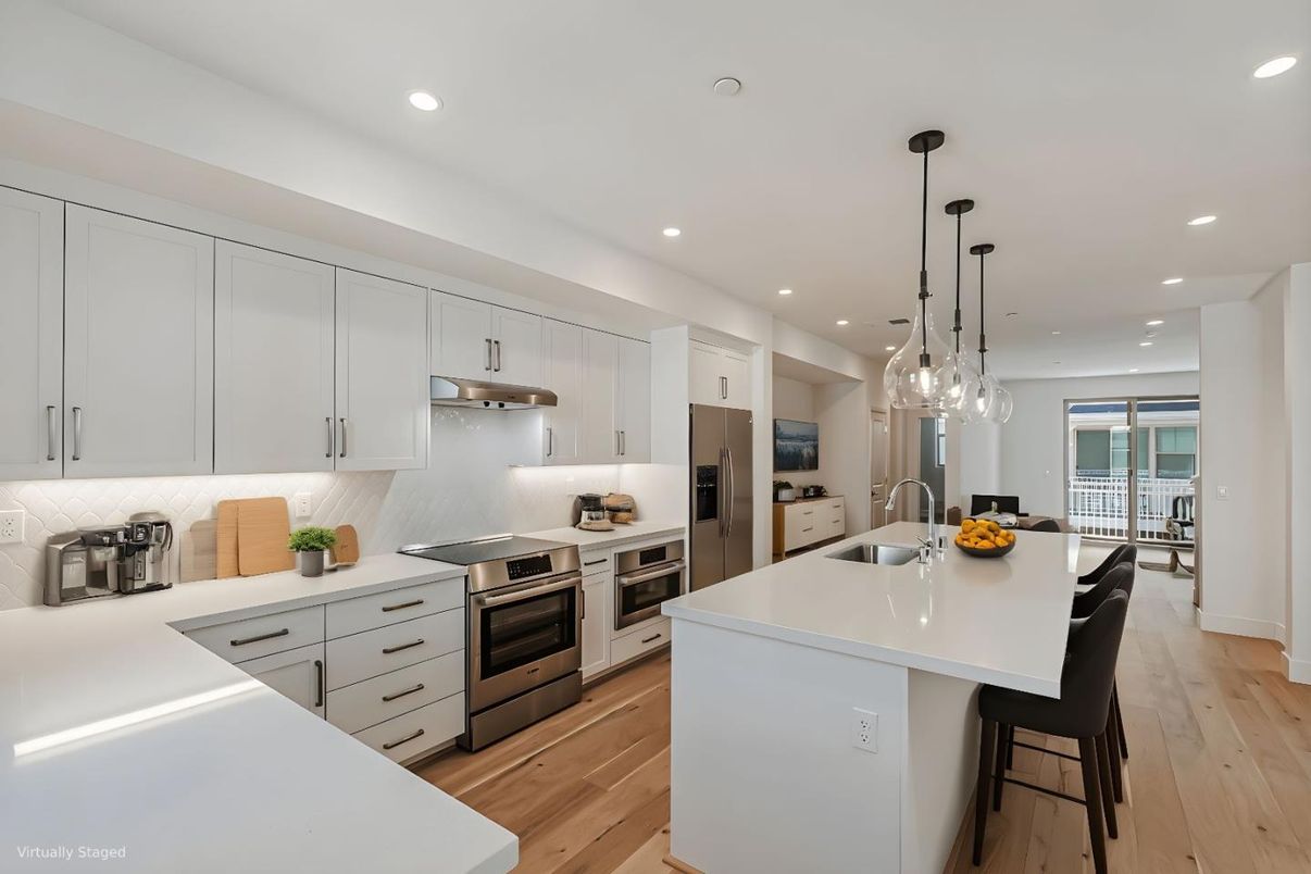 Interior, Kitchen, Pendant Lights, Recessed Lighting, Stainless Steel Appliances, Wood Texture Flooring