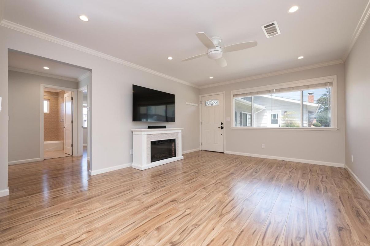 Empty room, Fireplace, Interior, Recessed Lighting, Wood Texture Flooring