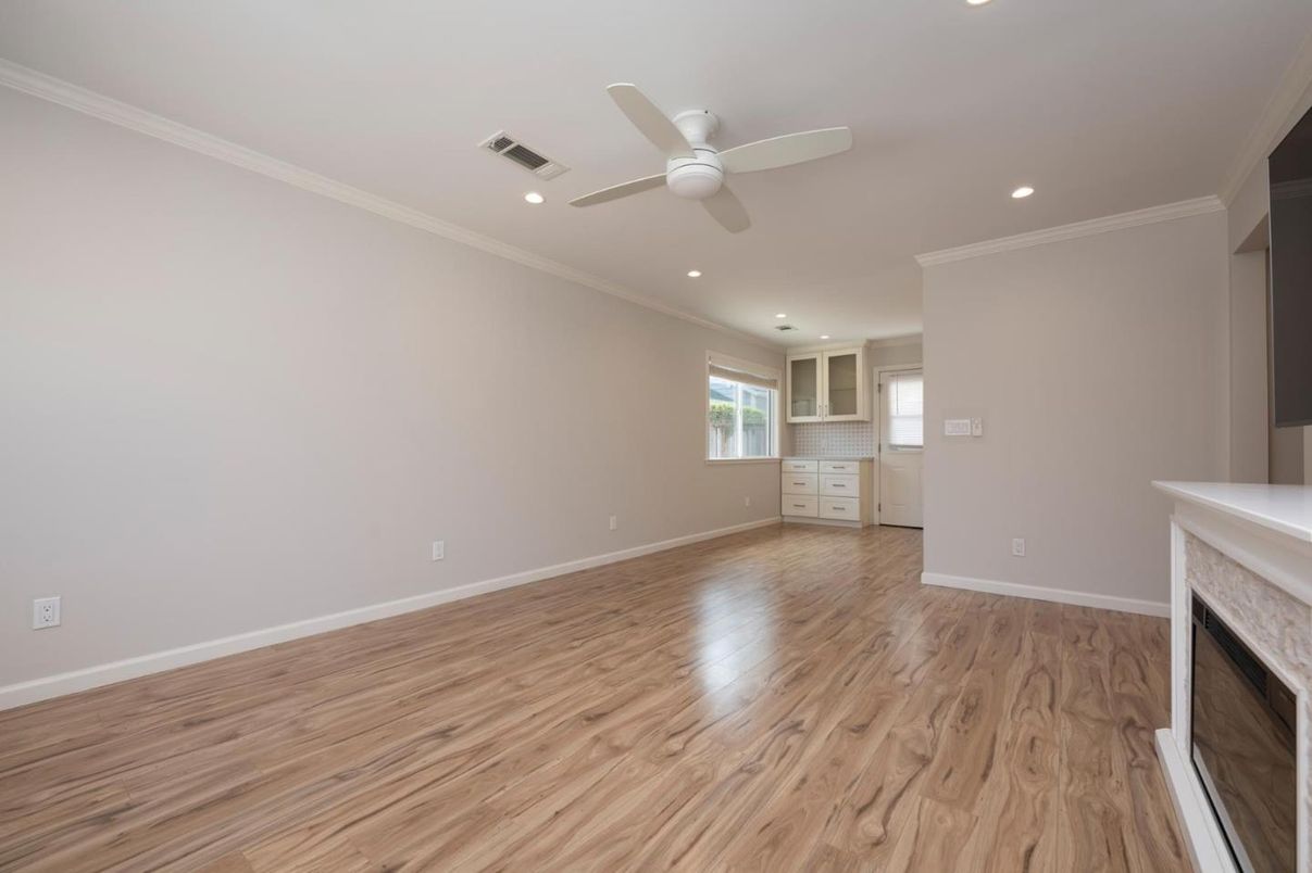 Empty room, Fireplace, Interior, Recessed Lighting, Wood Texture Flooring