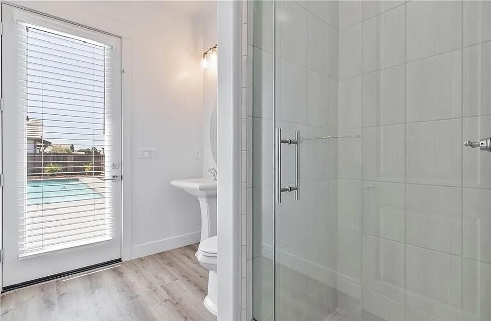 Bathroom, Glass Shower, Interior, Wood Texture Flooring