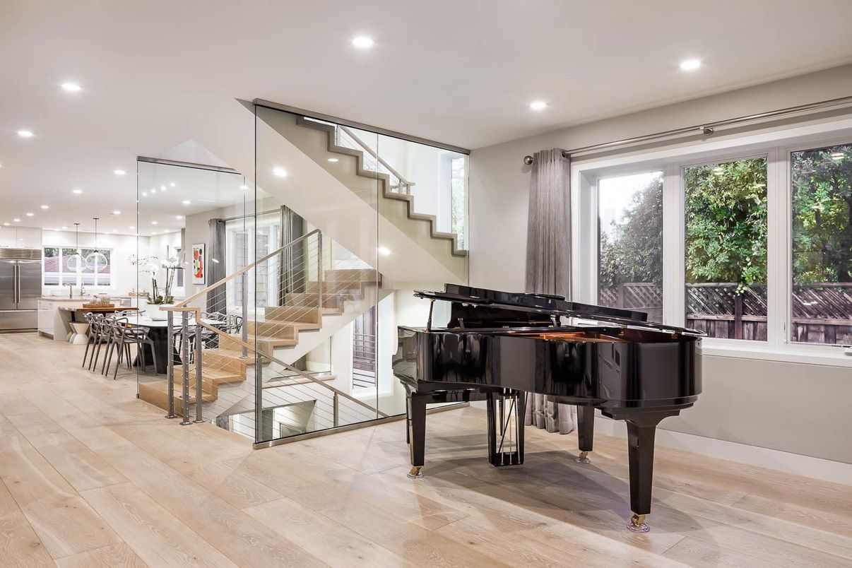 Dining room, Interior, Pendant Lights, Piano, Recessed Lighting, Wood Texture Flooring