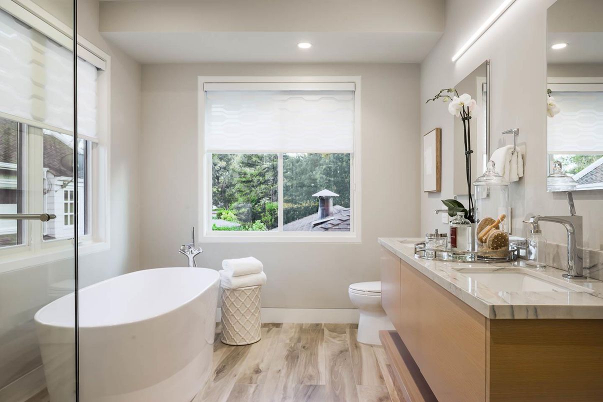 Bathroom, Dual Sink Vanities, Free Standing Baths, Interior, Recessed Lighting, Wood Texture Flooring
