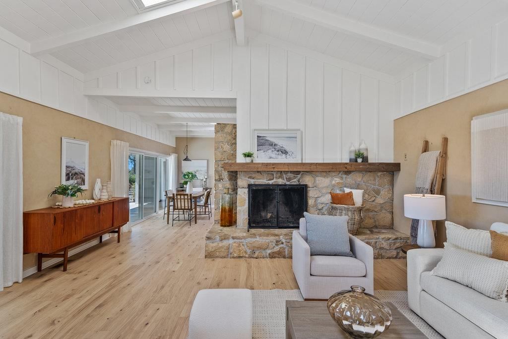 Dining room, Fireplace, Interior, Living room, Pendant Lights, Stone Walls, Wood Texture Flooring