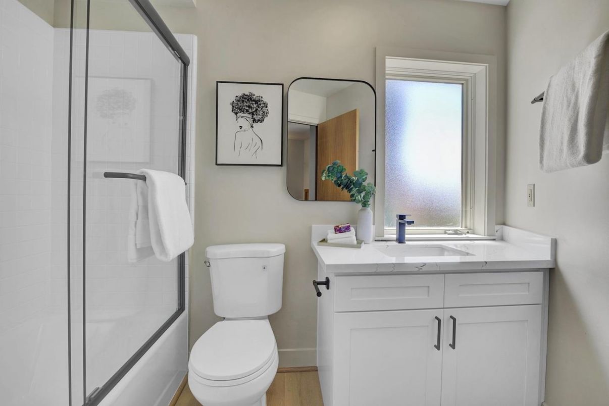 Bathroom, Glass Shower, Interior, Wood Texture Flooring