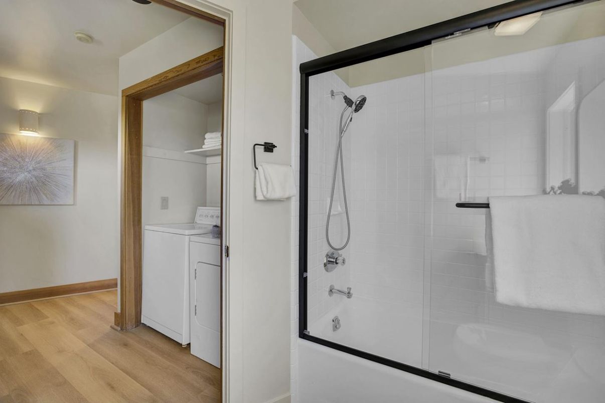 Bathroom, Glass Shower, Interior, Washer, Wood Texture Flooring