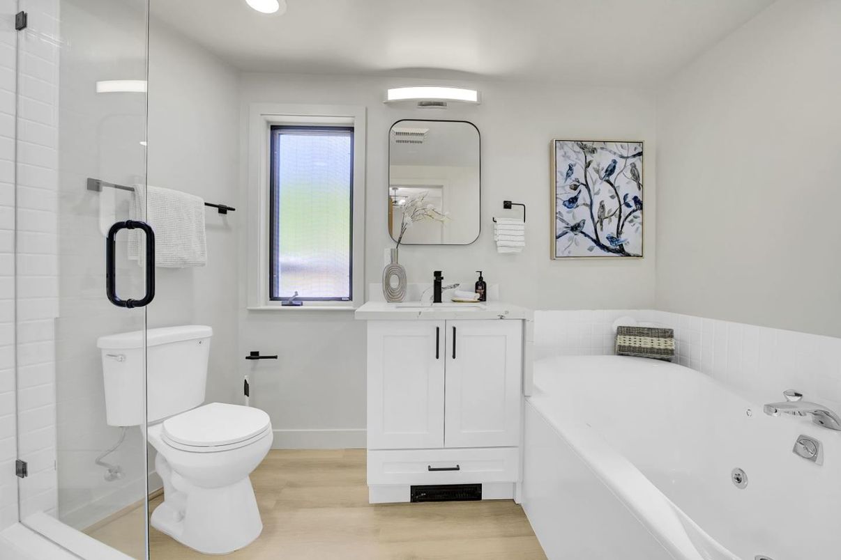 Bathroom, Glass Shower, Interior, Recessed Lighting, Wood Texture Flooring