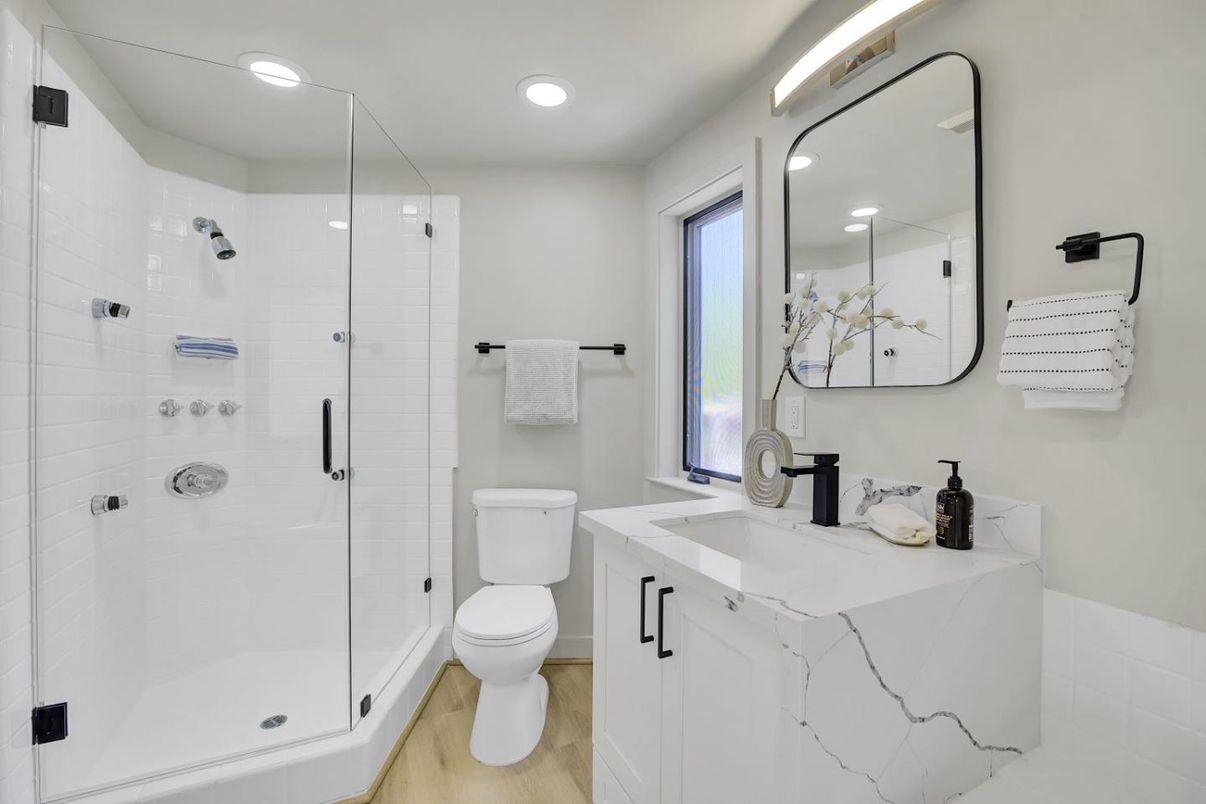 Bathroom, Glass Shower, Interior, Recessed Lighting, Wood Texture Flooring