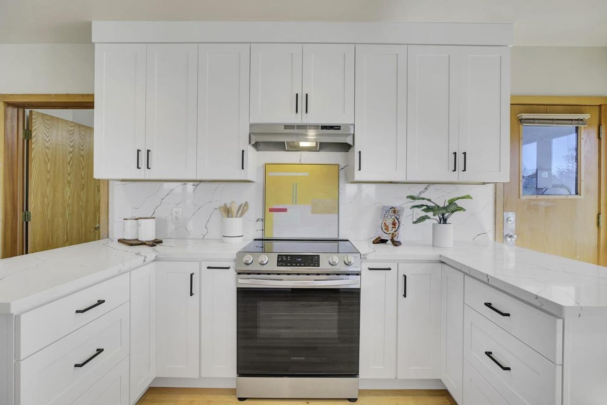 Interior, Kitchen, Marble Walls, Stainless Steel Appliances, Wood Texture Flooring