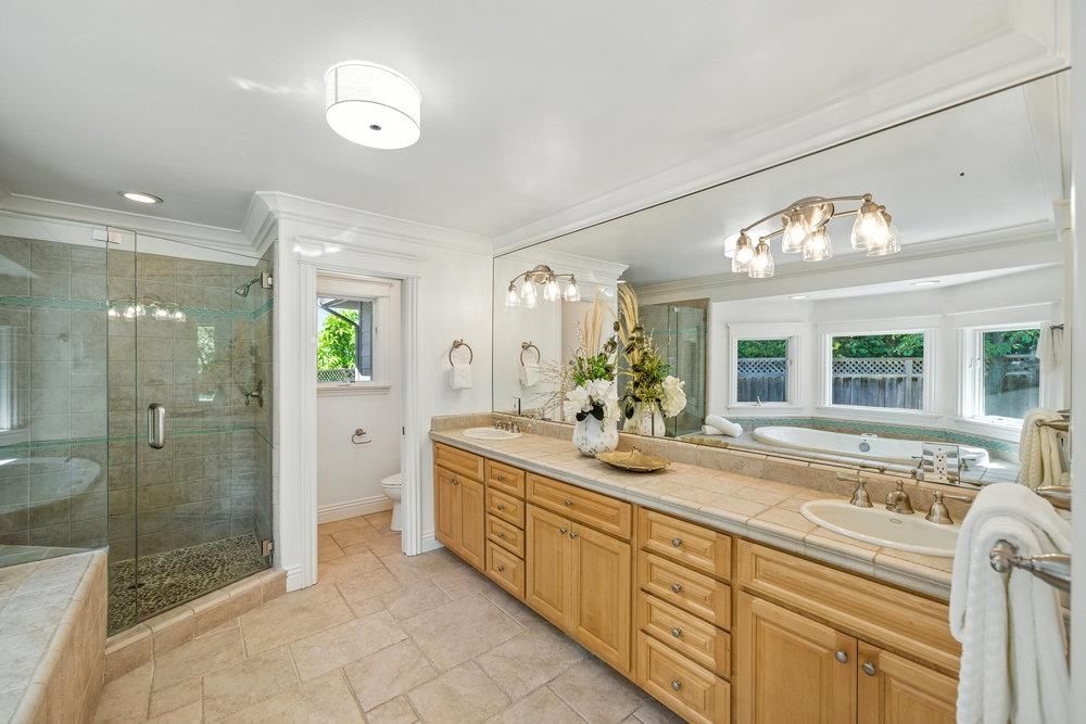 Bathroom, Dual Sink Vanities, Glass Shower, Interior, Recessed Lighting, Tile Countertops