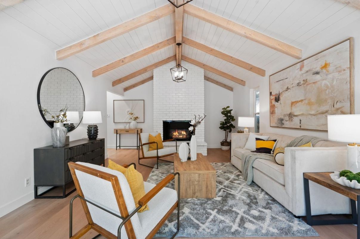 Fireplace, Interior, Living room, Pendant Lights, Stone Walls, Wooden Beams, Wood Texture Flooring