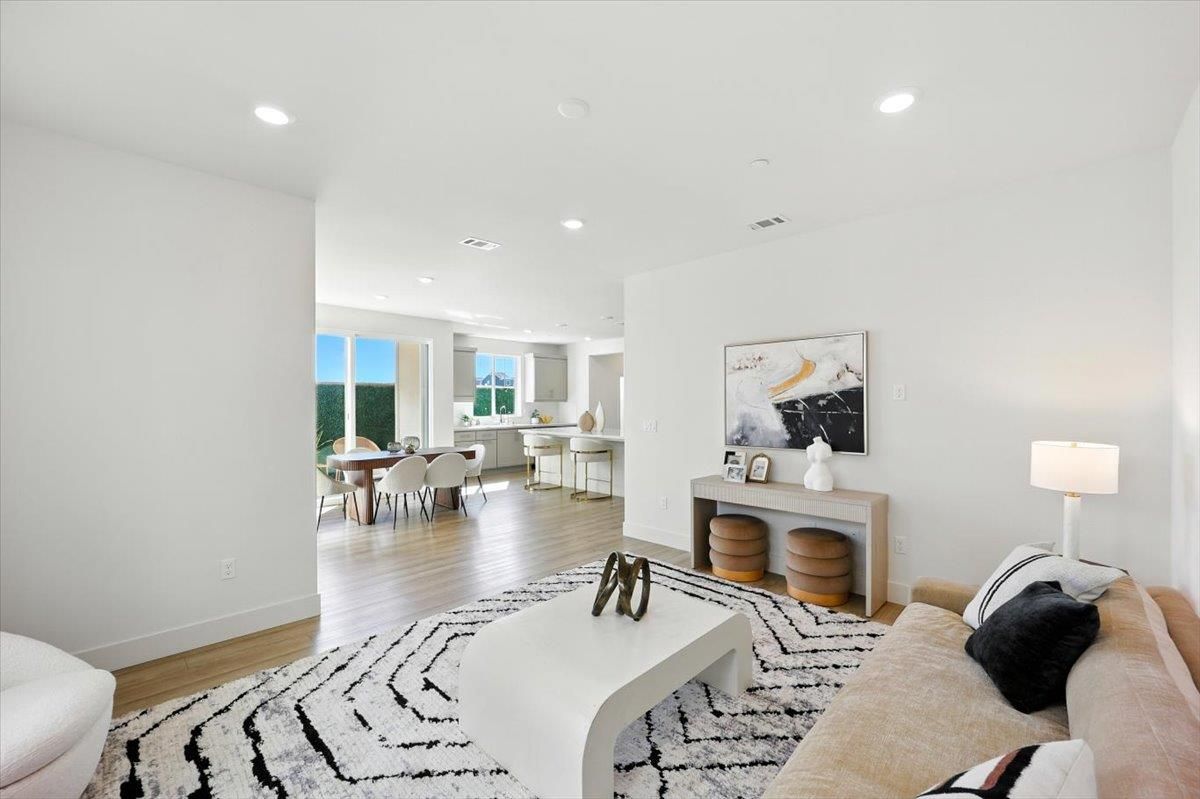 Dining room, Interior, Living room, Recessed Lighting, Water, Wood Texture Flooring