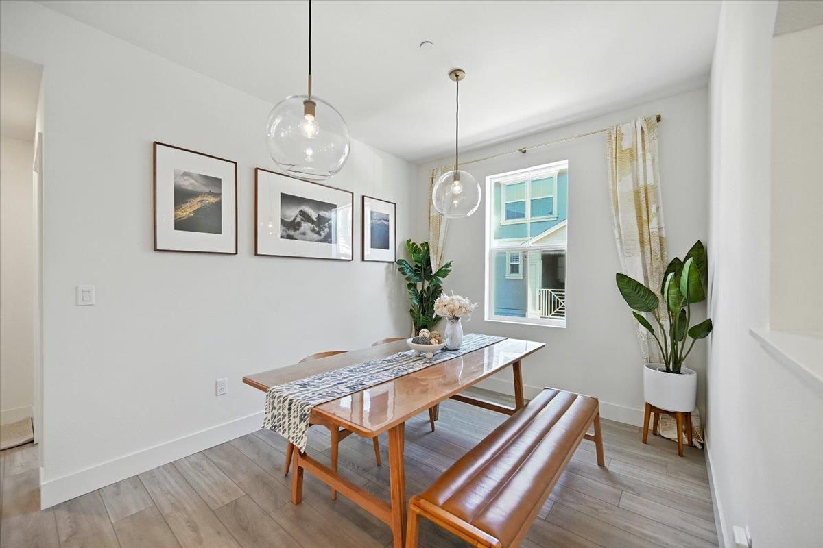 Dining room, Interior, Pendant Lights, Wood Texture Flooring