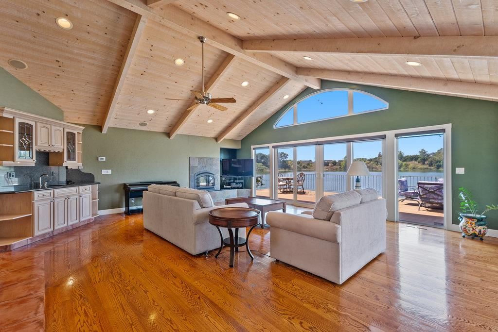 Fireplace, Interior, Kitchen, Living room, Recessed Lighting, Wooden Beams, Wooden Ceilings, Wood Texture Flooring