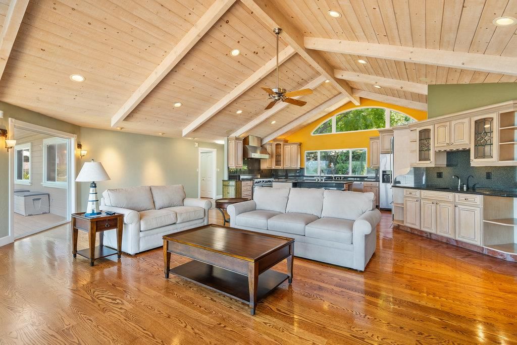 Interior, Kitchen, Living room, Recessed Lighting, Wooden Beams, Wooden Ceilings, Wood Texture Flooring