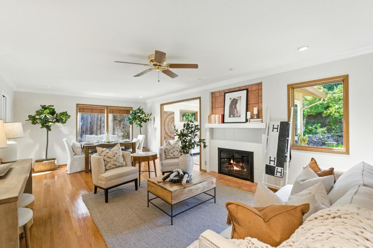 Dining room, Fireplace, Interior, Living room, Recessed Lighting, Wood Texture Flooring