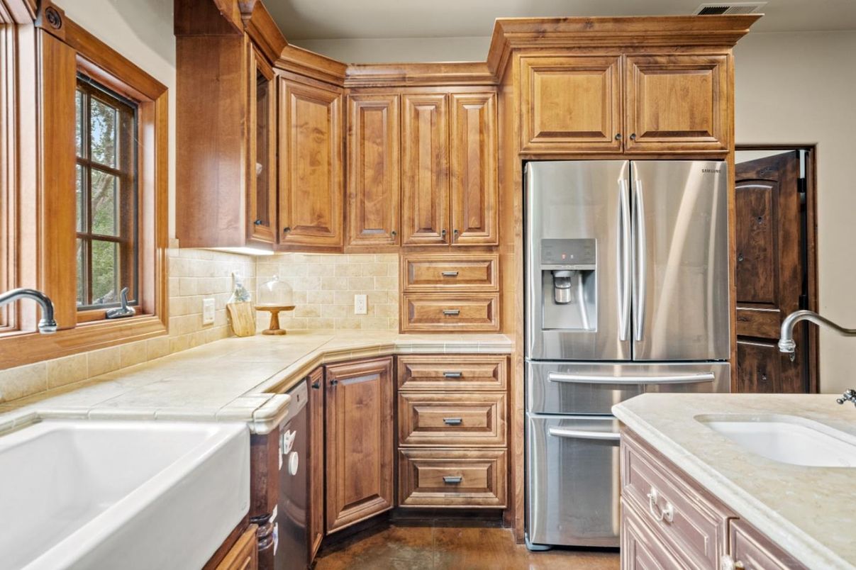 Interior, Kitchen, Stainless Steel Appliances, Tile Countertops, Wood Texture Flooring