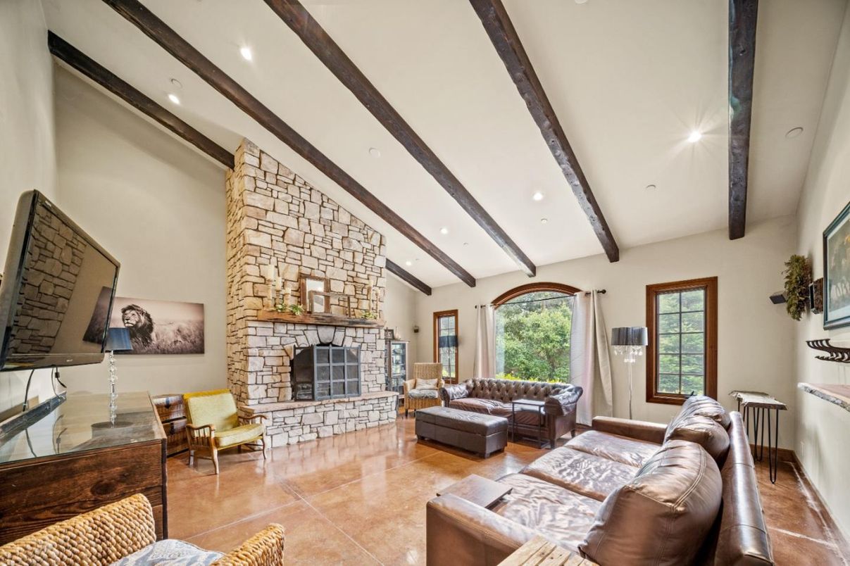 Fireplace, Interior, Living room, Recessed Lighting, Stone Walls, Wooden Beams