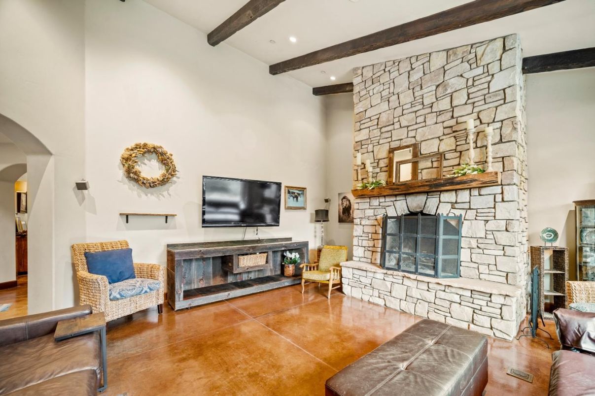 Fireplace, Interior, Recessed Lighting, Stone Walls, Wooden Beams, Wood Texture Flooring