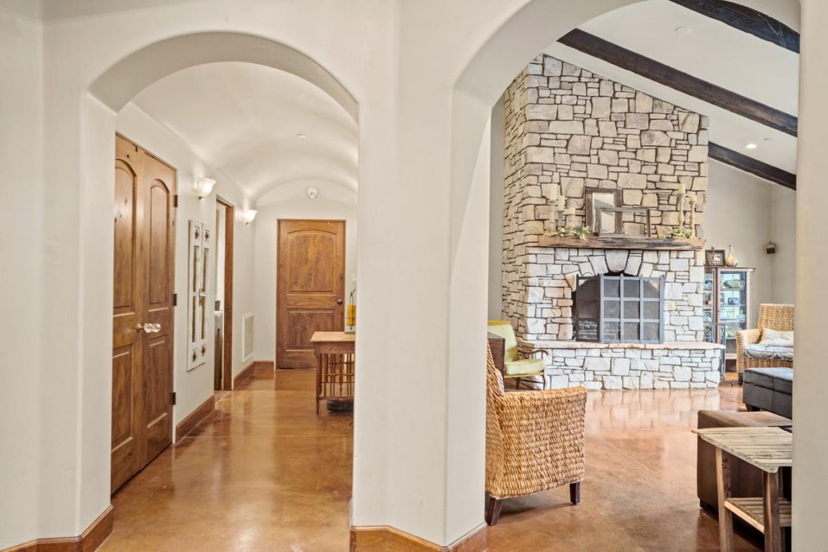 Fireplace, Interior, Recessed Lighting, Stone Walls