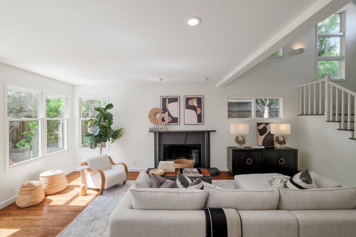 Fireplace, Interior, Living room, Recessed Lighting, Wood Texture Flooring