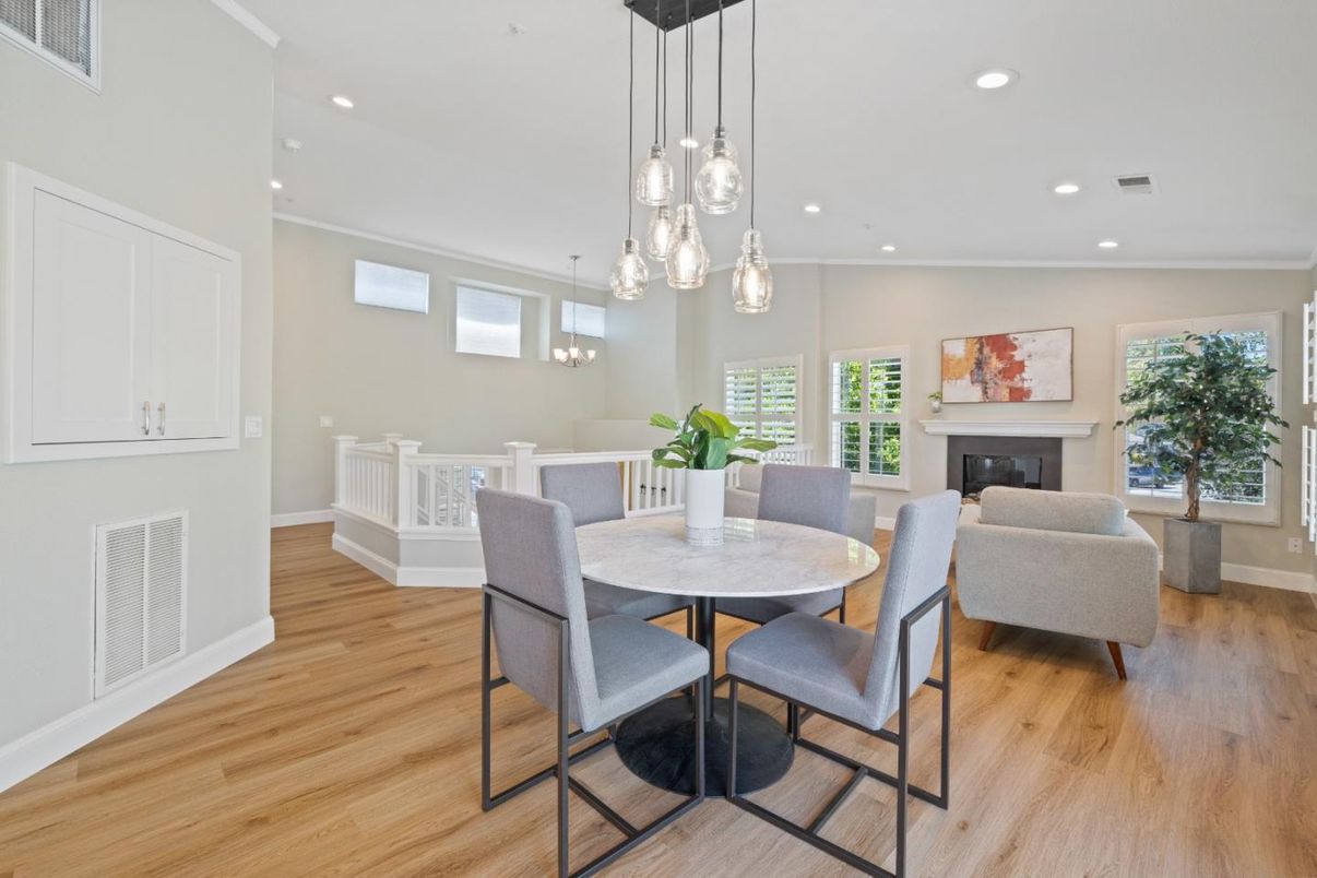Dining room, Fireplace, Interior, Pendant Lights, Recessed Lighting, Wood Texture Flooring