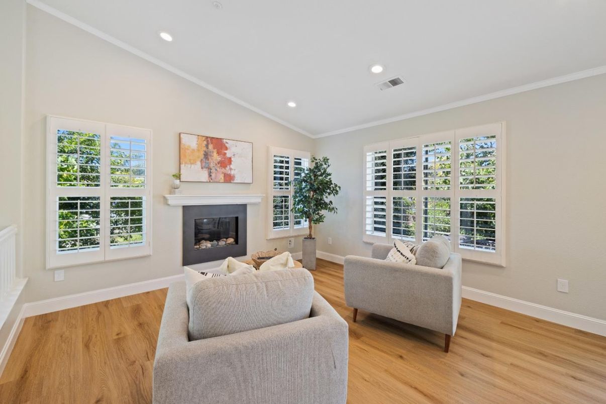 Fireplace, Interior, Living room, Recessed Lighting, Wood Texture Flooring