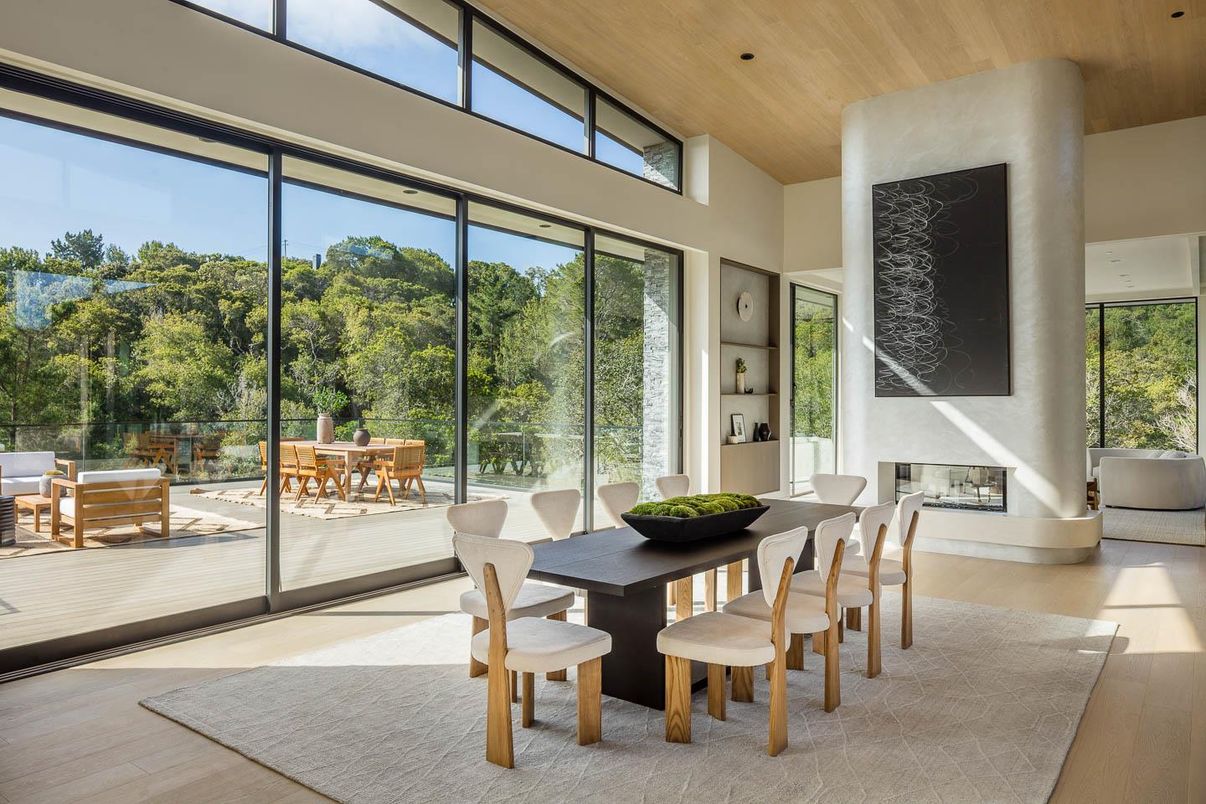 Dining room, Fireplace, Interior, Recessed Lighting, Sun Room, Wooden Ceilings, Wood Texture Flooring