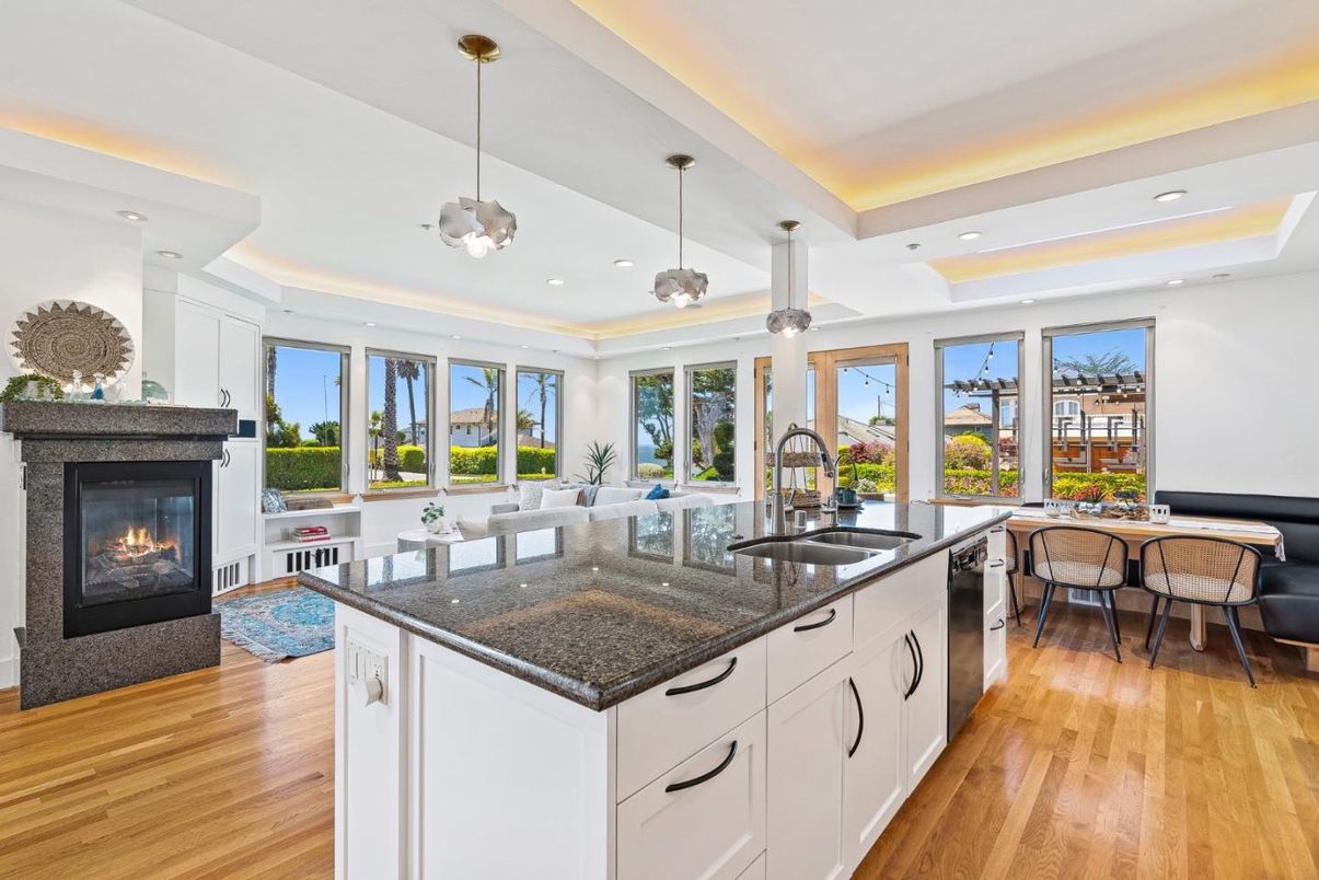 Dining room, Fireplace, Interior, Kitchen, Living room, Pendant Lights, Recessed Lighting, Wood Texture Flooring