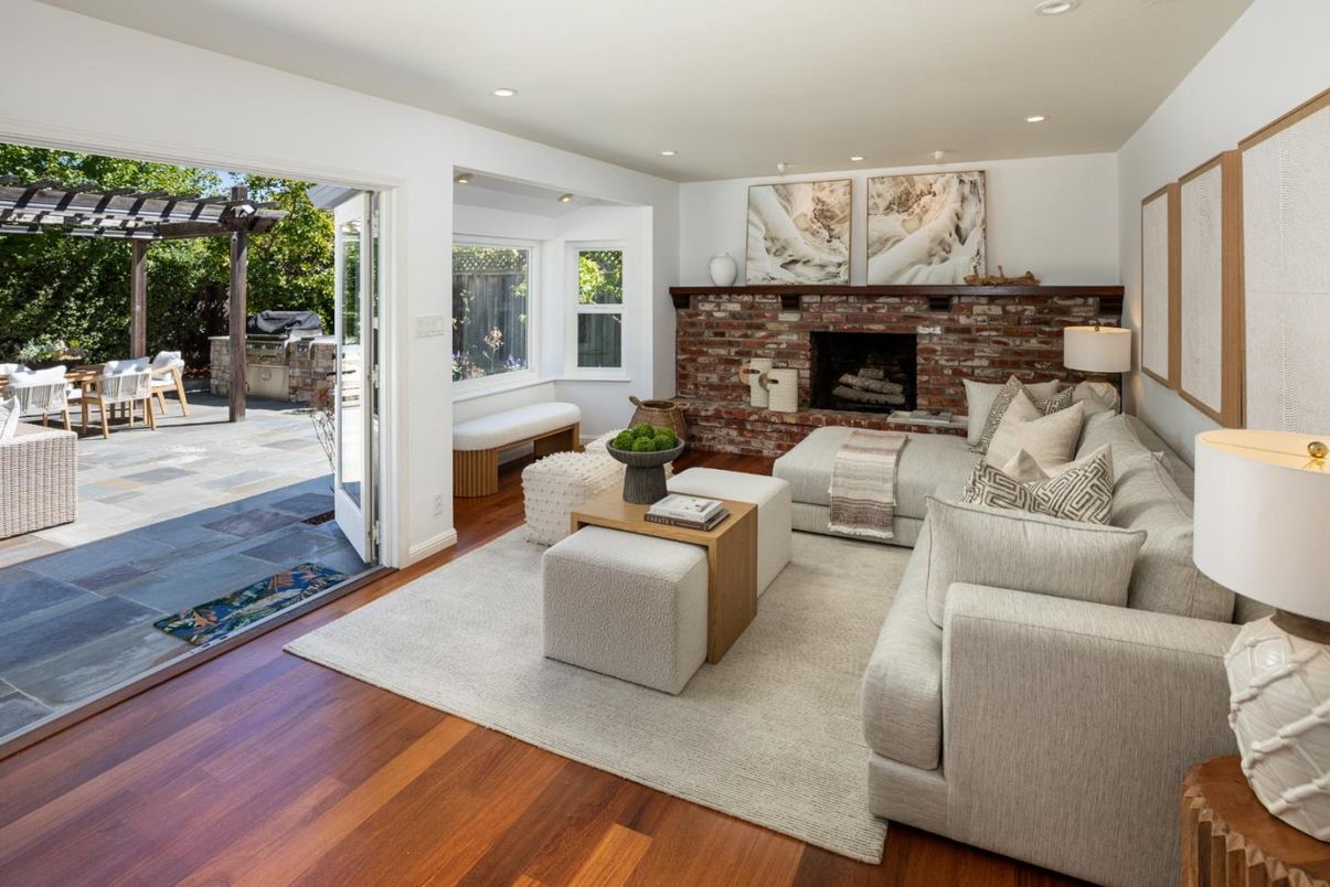 Fireplace, Interior, Living room, Recessed Lighting, Stone Walls, Wood Texture Flooring