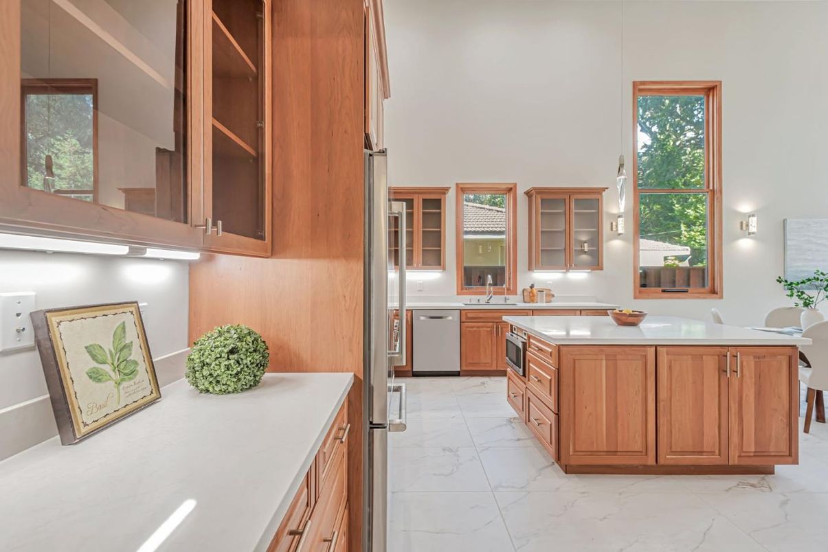 Interior, Kitchen, Marble, Pendant Lights, Stainless Steel Appliances